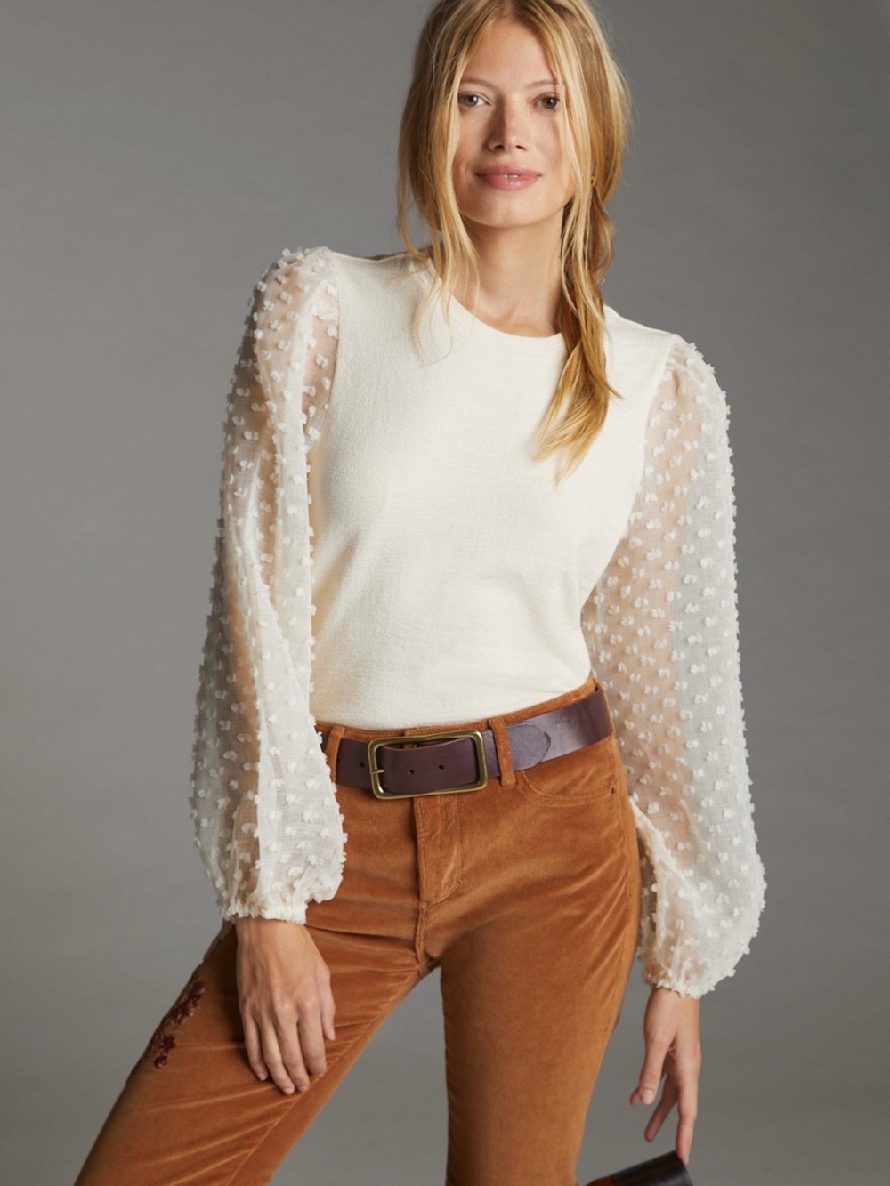 Maeve Textured-Sleeve Top - Ivory - X-Large